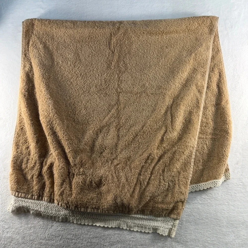 Premier Collection 3pc Towel Set Tan Cotton Crochet Lace Trim Made in Turkey
